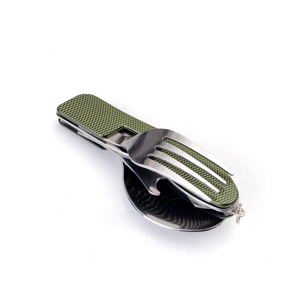 (Green) Stainless Steel Travel Kit Portable Army Green Folding Camping Picnic Cutlery Knife Fork Spoon Bottle Opener Flatware Tableware