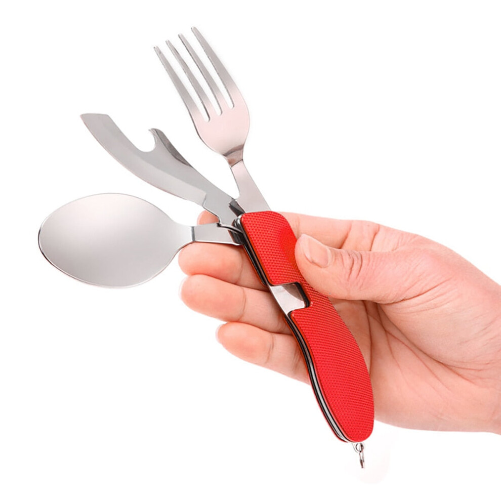 (Red) 4 In 1 Outdoor Tableware Set Camping Cooking Supplies Stainless Steel Spoon Folding Pocket Kits Home Picnic Hiking Travel Tools