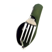 (Green) 4 In 1 Outdoor Tableware Set Camping Cooking Supplies Stainless Steel Spoon Folding Pocket Kits Home Picnic Hiking Travel Tools