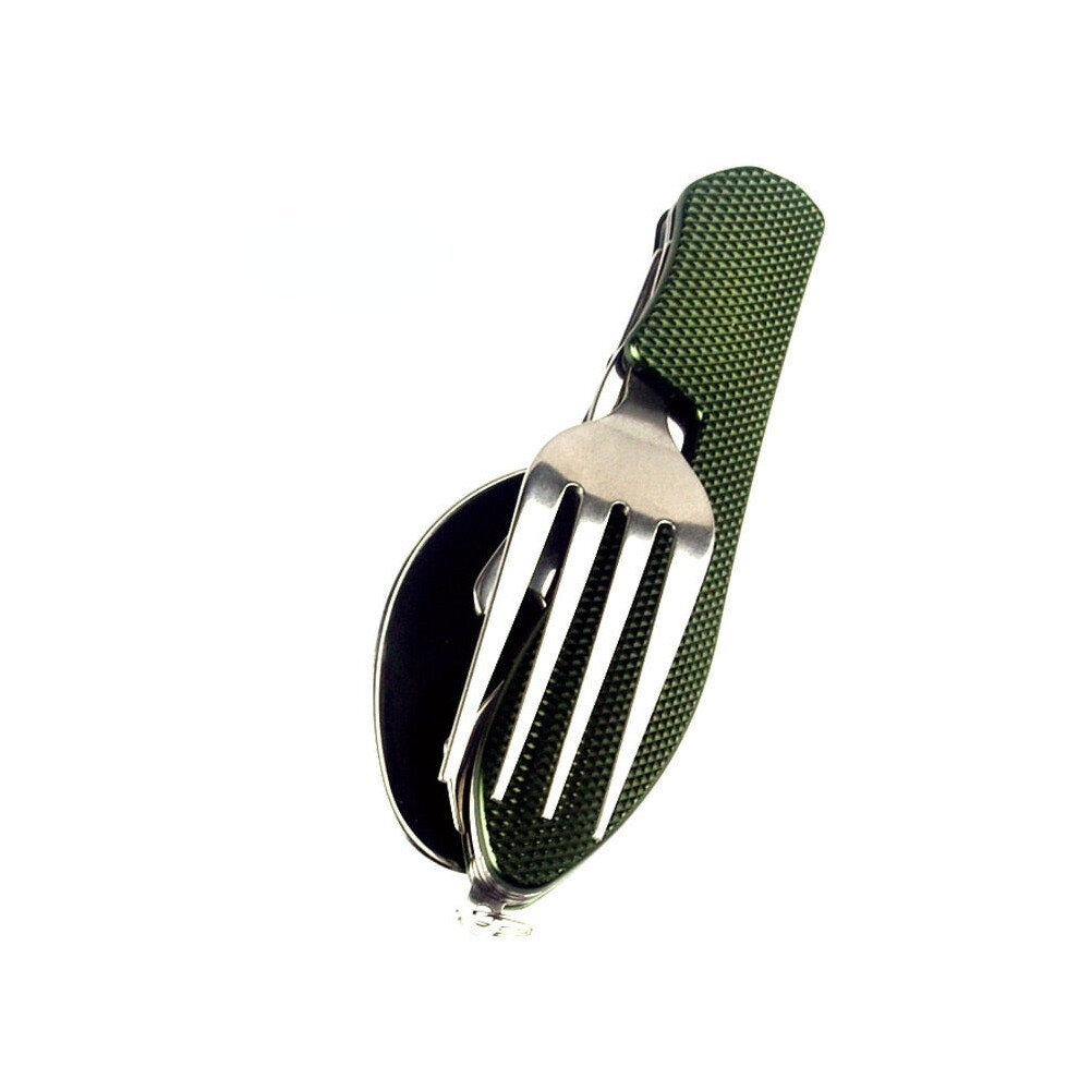 (Green) 4 In 1 Outdoor Tableware Set Camping Cooking Supplies Stainless Steel Spoon Folding Pocket Kits Home Picnic Hiking Travel Tools