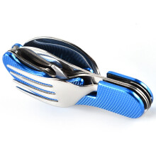 (Blue) 4 In 1 Outdoor Tableware Set Camping Cooking Supplies Stainless Steel Spoon Folding Pocket Kits Home Picnic Hiking Travel Tools