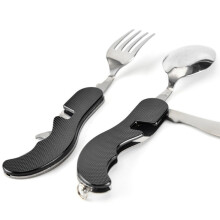 (Black) 4 In 1 Outdoor Tableware Set Camping Cooking Supplies Stainless Steel Spoon Folding Pocket Kits Home Picnic Hiking Travel Tools