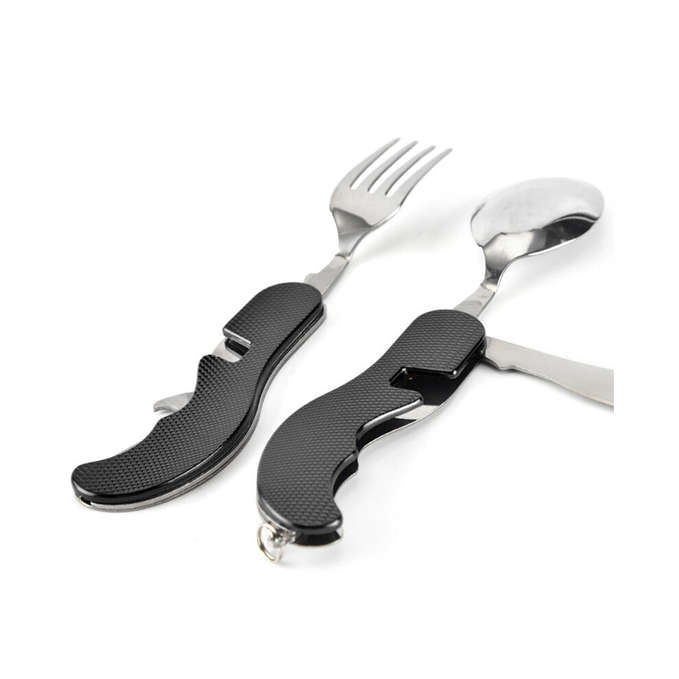 (Black) 4 In 1 Outdoor Tableware Set Camping Cooking Supplies Stainless Steel Spoon Folding Pocket Kits Home Picnic Hiking Travel Tools-image-OPC-PFZR9B7-NEW