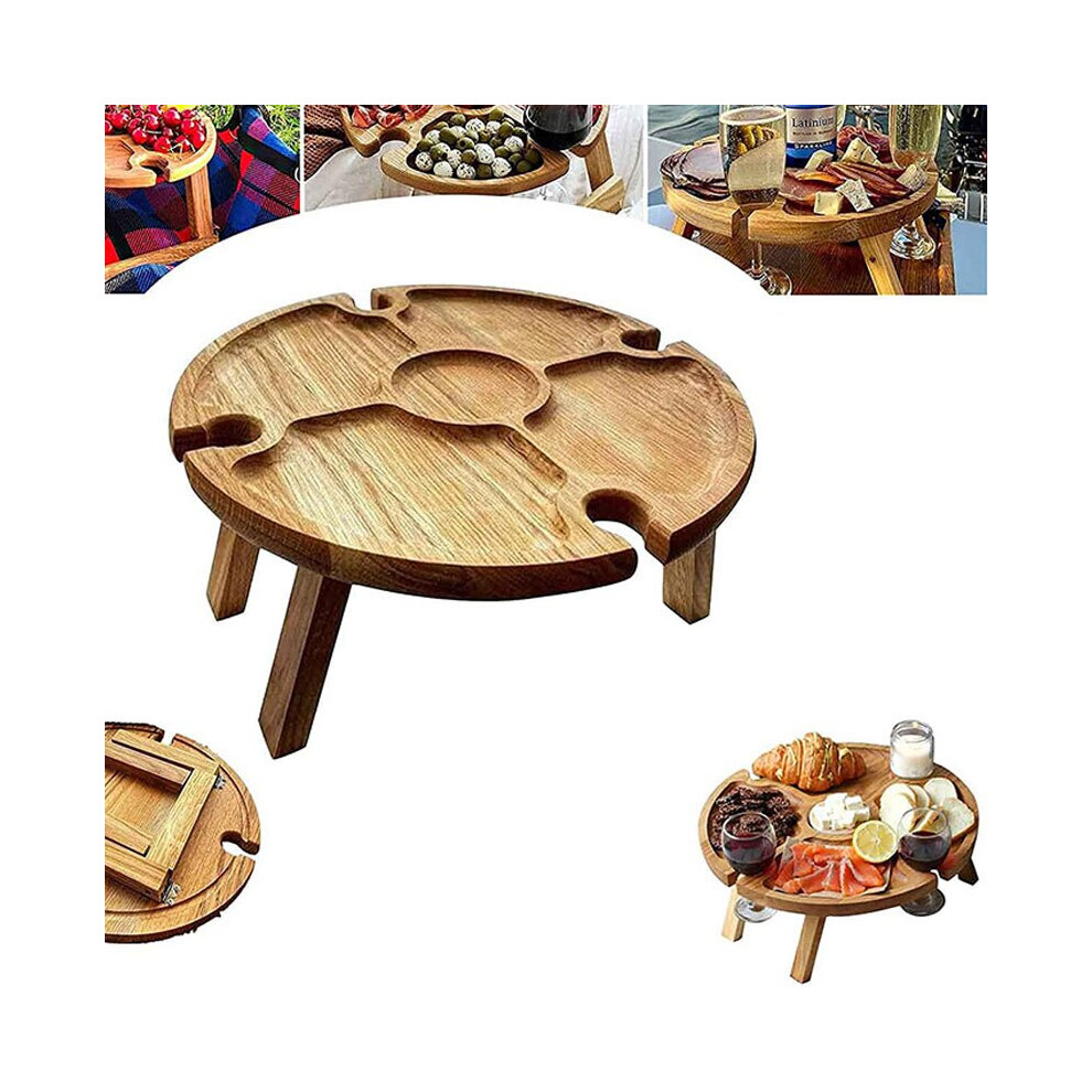 Wooden Outdoor Folding Picnic Table With Glass Holder Round Foldable Desk Wine Glass Rack Collapsible Camping Table for Party