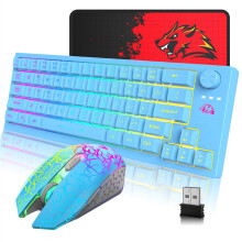 (Blue) 64-Keys Translucent RGB Gaming Wireless Keyboard with Adjustable Mouse Pad for PC Laptop Gamer