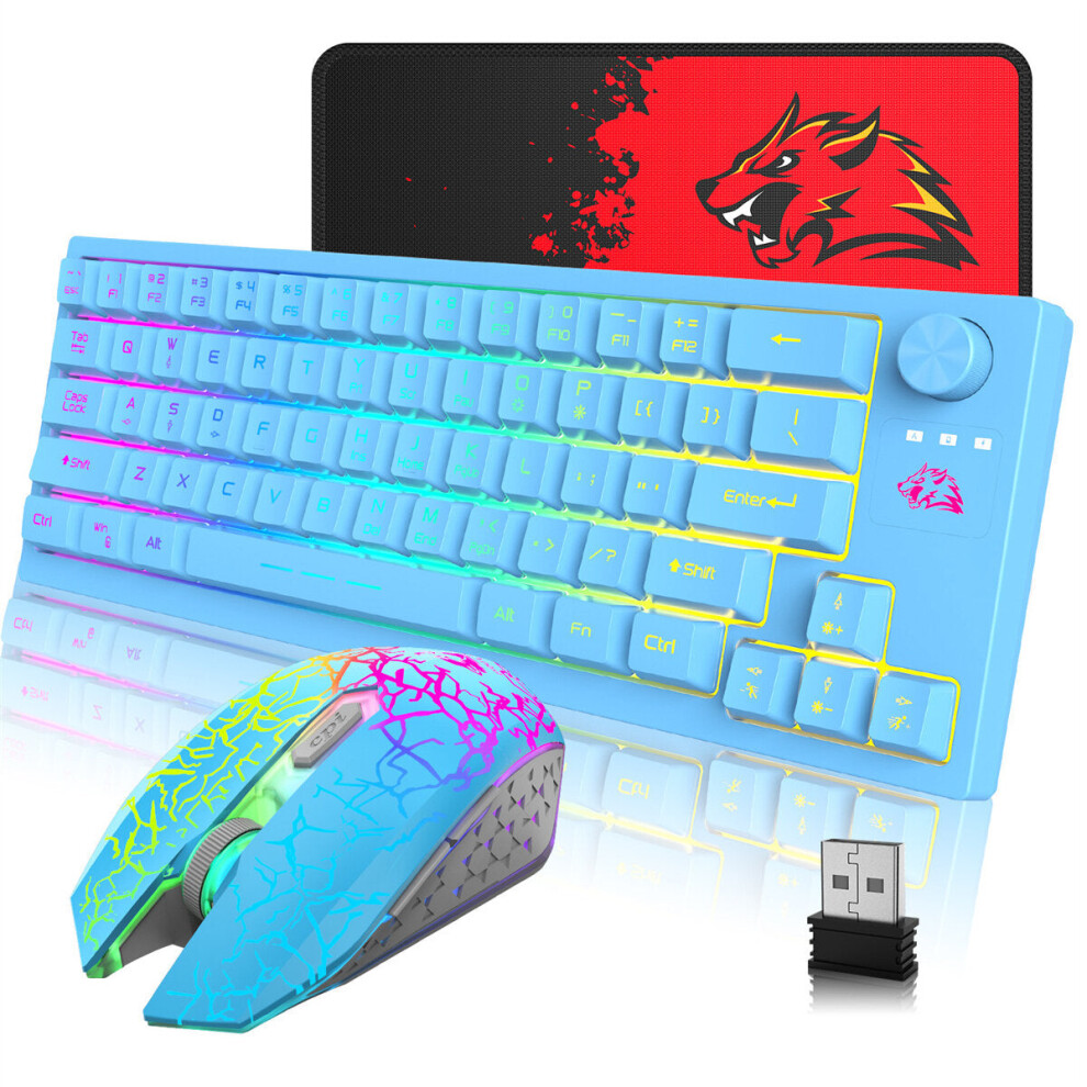 (Blue) 64-Keys Translucent RGB Gaming Wireless Keyboard With Adjustable Mouse Pad For PC Laptop Gamer