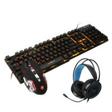 (Black (Orange Backlit)) 104-Key Waterproof Wired Mechanical Keyboard Headphones Mice Combo With Mic RGB Gaming Set