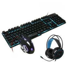 (Black (Ice Blue Backlit)) 104-Key Waterproof Wired Mechanical Keyboard Headphones Mice Combo With Mic RGB Gaming Set