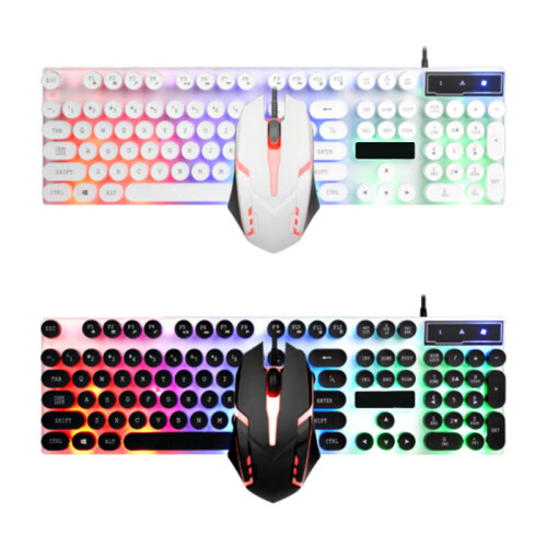 (Black) Rainbow Backlit USB Wired 104Key Mechanical Keyboard and 1600 DPI LED Mouse Combo 1
