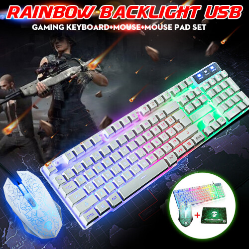Rainbow Backlight USB Wired Gaming Keyboard 2400DPI LED Mouse Combo with Mouse Pad 2