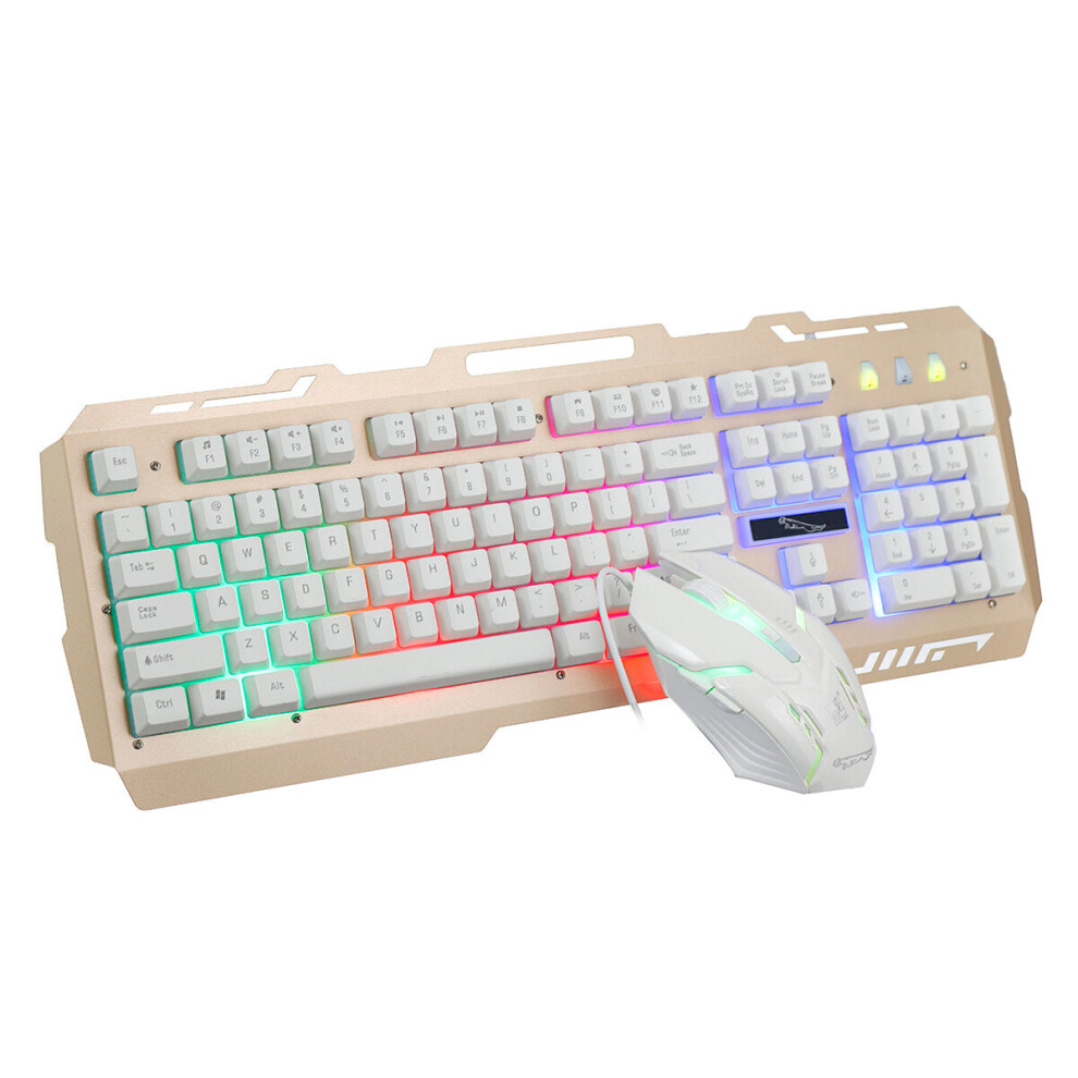 (Gold) Mechanical Feel Wired Gaming Keyboard & Mouse Set 104 Keys USB Wired Keyboard 2400DPI Ergonomic Mouse LED Luminous Rainbow Backlit