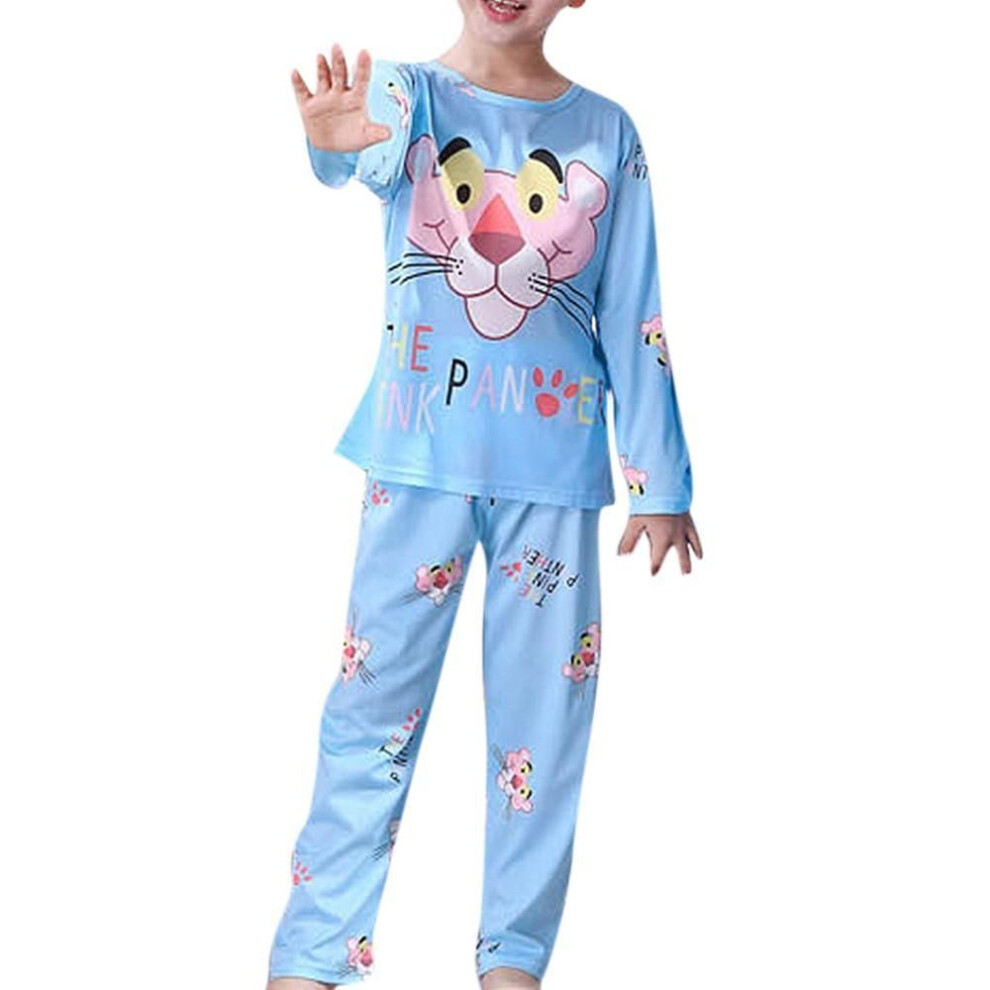 (blue, 18) Cartoon Printed Unisex Boys Girls Round Neck Long Sleeve Sleepwear Casual Loungewear