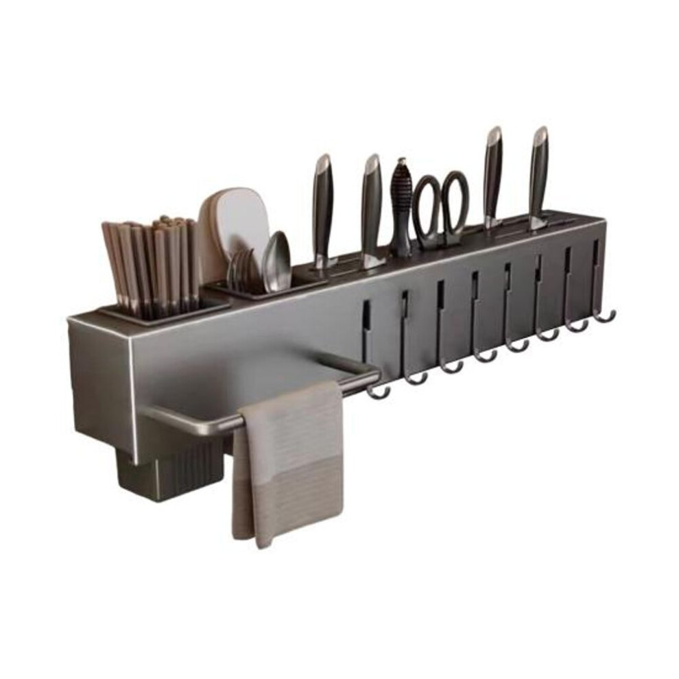 (grey, 50cm) Kitchen Cutlery Holder Wall Mounted Cutter Holder With Hooks Carbon Steel Cutter Storage Rack For Spoon Chopsticks Rust-resistant Utensil Organizer