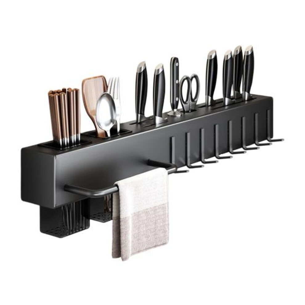 (black, 50cm) Kitchen Cutlery Holder Wall Mounted Cutter Holder With Hooks Carbon Steel Cutter Storage Rack For Spoon Chopsticks Rust-resistant Utensil Organizer