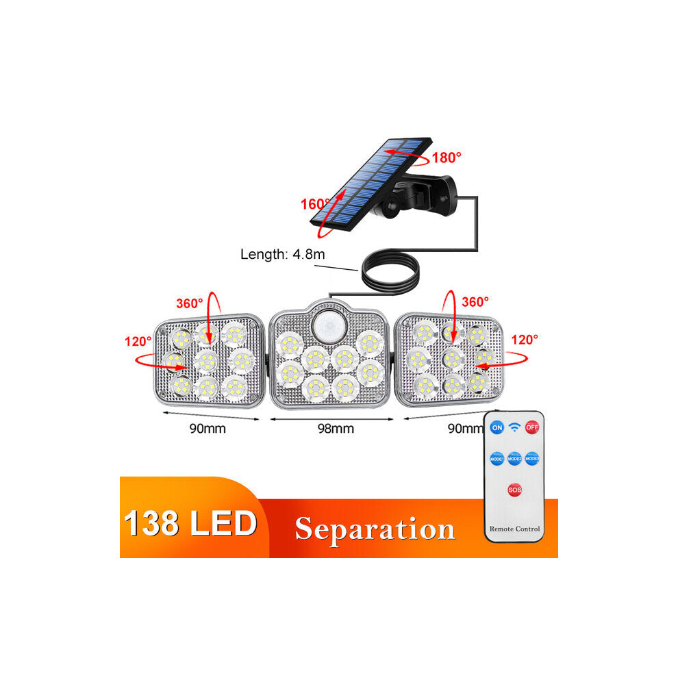 (Separation-138 SMD) 108/122/138/171 LED Solar Lights 3 Head Motion Sensor 270 Wide Angle Illumination Outdoor Waterproof Remote Control Wall Lamp