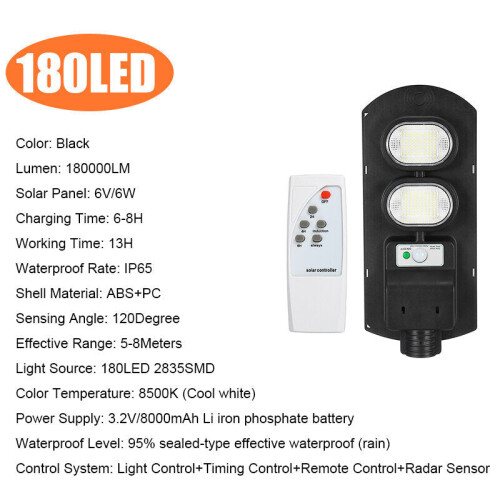 (180LED) 90/180/270/360/450LED Solar Street Light IP65 PIR Motion Sensor Wall Lamp+Timing Function+Remote Control