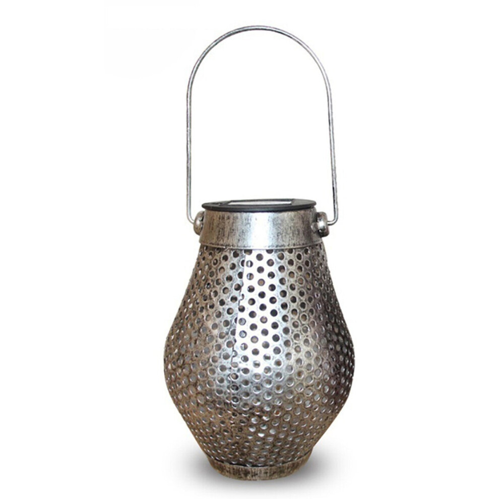 (Sliver) Solar LED Hanging Light Retro Hollow Lantern Outdoor Garden Yard Decoration Lamp