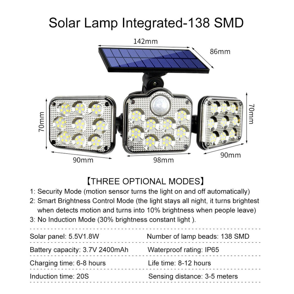 (138SMD - A) Solar Lights Outdoor 171COB 108/122/138LEDs Motion Sensor Light 3 Head Remote Control Wall Light 270 Wide Angle Flood Light for Garden