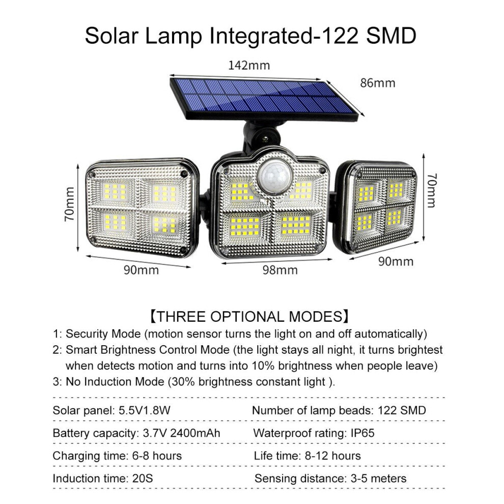 (122SMD - A) Solar Lights Outdoor 171COB 108/122/138LEDs Motion Sensor Light 3 Head Remote Control Wall Light 270 Wide Angle Flood Light For Garden