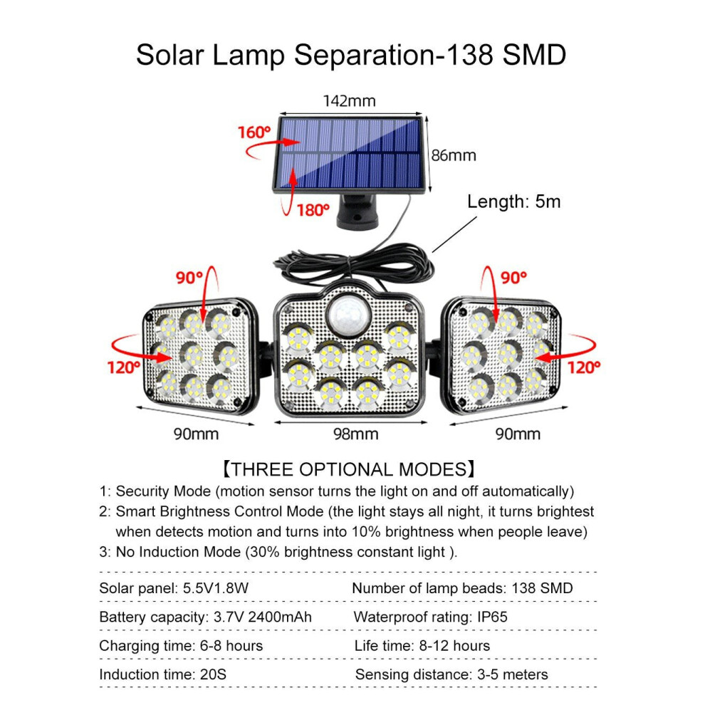 (138SMD - B) Solar Lights Outdoor 171COB 108/122/138LEDs Motion Sensor Light 3 Head Remote Control Wall Light 270 Wide Angle Flood Light For Garden