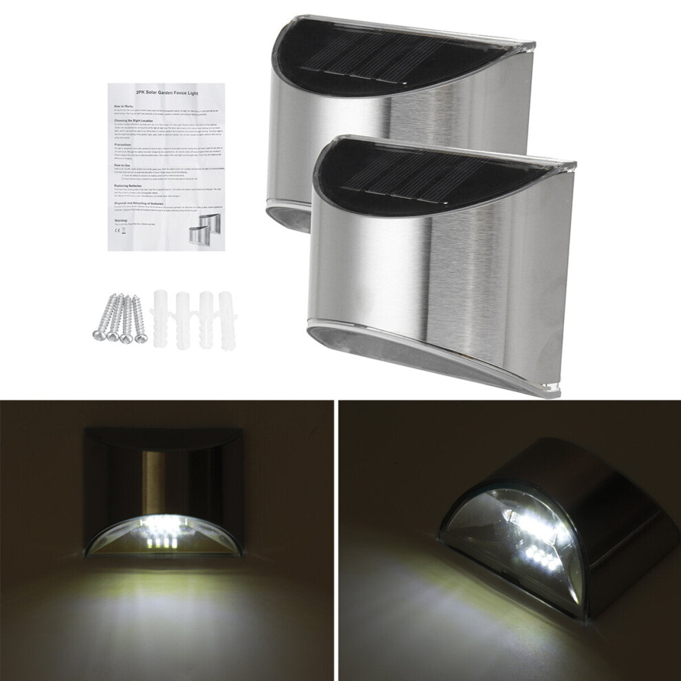 (White Light) 2pcs Waterproof Stainless Steel Solar Wall Lights Outdoor Fence Post Step Lights
