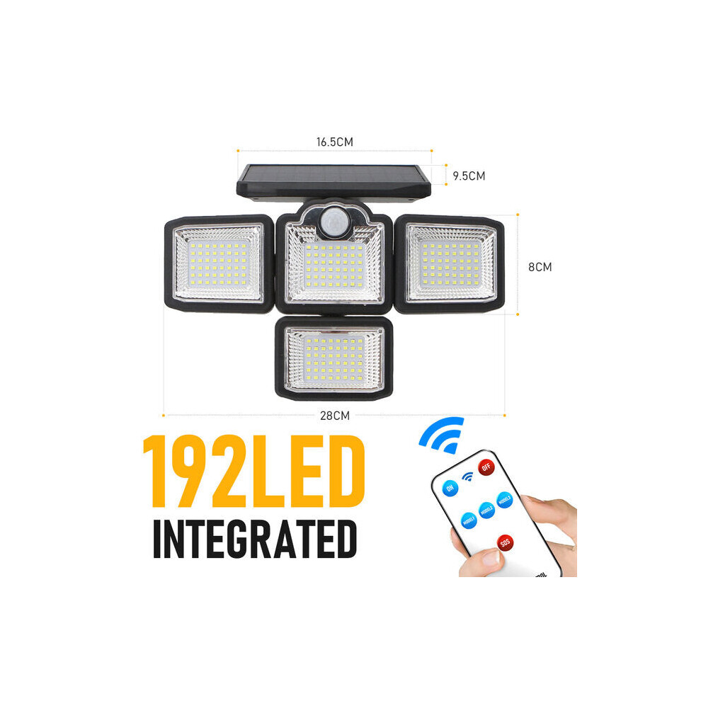 (Integrated-192 LED) 192/198 LED COB Outdoor Solar Lights 4 Head Motion Sensor 270 Wide Angle Lighting Waterproof Remote Control Solar Garden Wall Lam