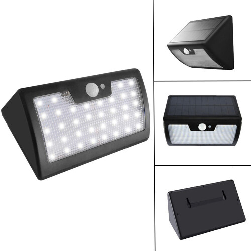 (Black, Warm Light) 6W Solar Powered 40 LED 6 Modes PIR Motion Sensor Remote Control Dimmable Wall Light Waterproof 1