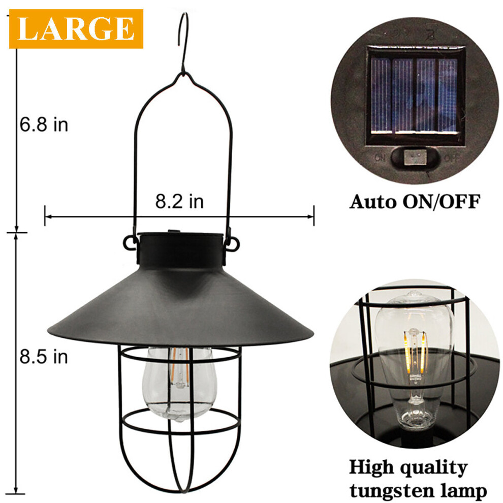(L - Black) Black/Bronze Retro Solar Powered  Lantern Outdoor Hanging Solar Light Vintage Lamp With Warm