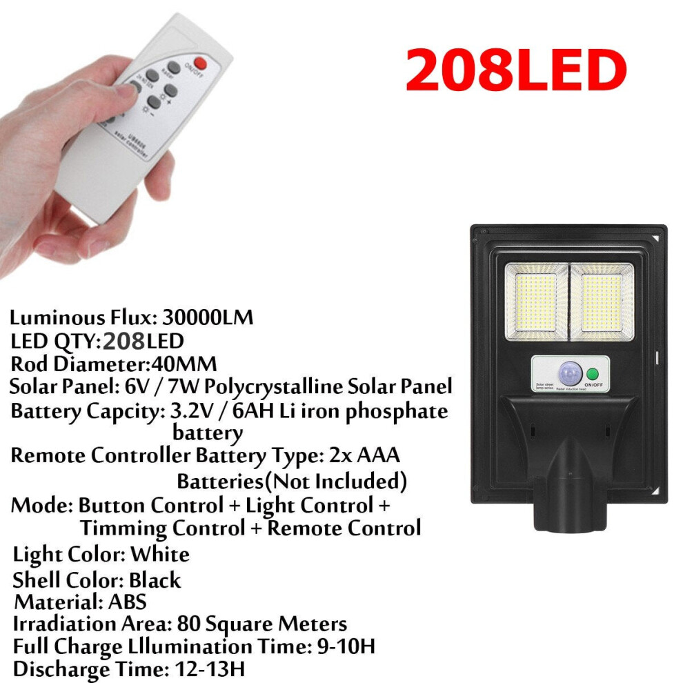 (208LED) 208/416/624/832LED Solar Powered Wall Street Light PIR Motion Sensor Dimmable Lamp + Remote Control