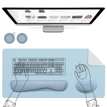 (Blue + Silver) 5Pcs Set Mouse Pad With 800x400mm PU Leather Desk Pad Foam Keyboard Cork Coasters