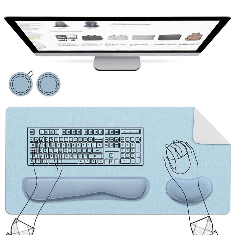 ( + Silver) 5Pcs Set Mouse Pad With 800X400mm Pu Leather Desk Pad Foam Keyboard Cork Coasters Blue/Silver 6112212794173