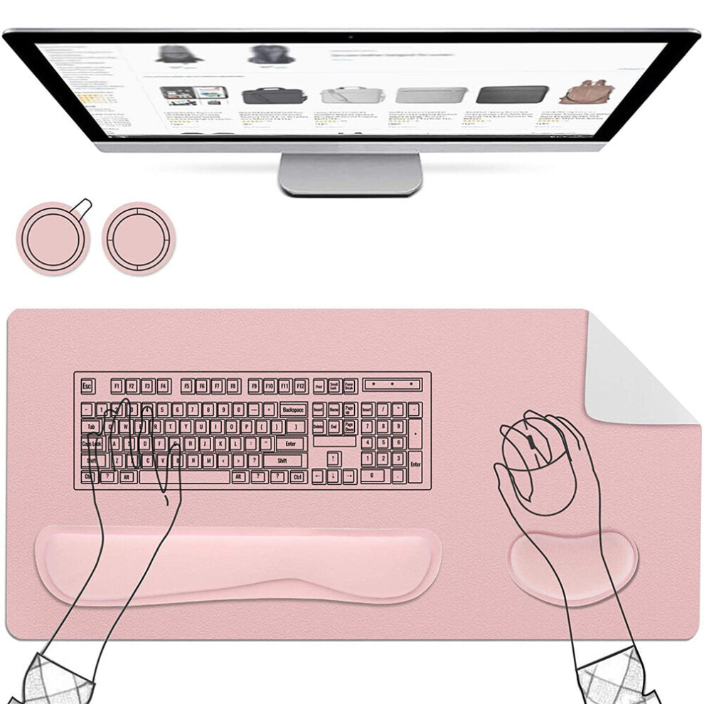 (Pink + Silver) 5Pcs Set Mouse Pad With 800x400mm PU Leather Desk Pad Foam Keyboard Cork Coasters
