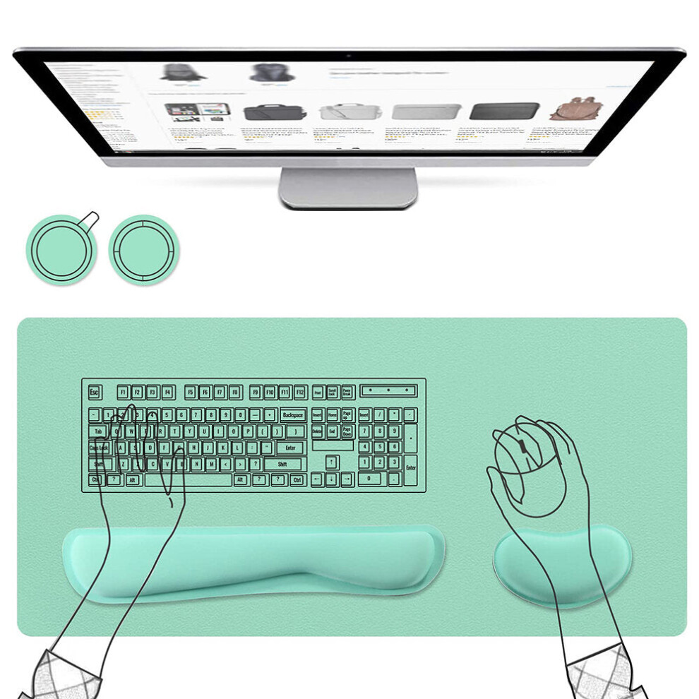 ( + Blue) 5Pcs Set Mouse Pad With 800X400mm Pu Leather Desk Pad Foam Keyboard Cork Coasters Green/Blue 6112212794180