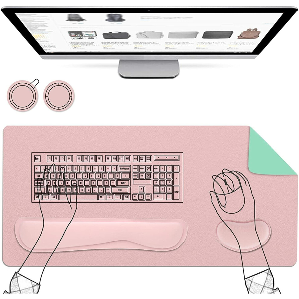 ( + Green) 5Pcs Set Mouse Pad With 800X400mm Pu Leather Desk Pad Foam Keyboard Cork Coasters Pink/Green 6112212794197