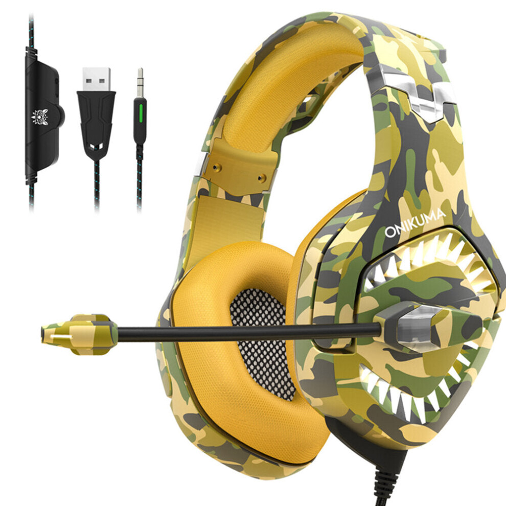 (Yellow) Camouflage Color Gaming Headset 50mm Driver Unit RGB Light Noise Reduction 3.5mm USB Port for PS4 PC Xbox One Switch