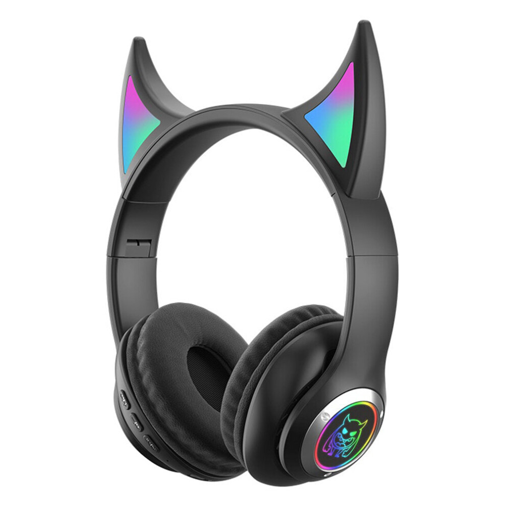 (Black) Devil's Horn Headset Wireless BT5.0 Hi-Fi Stereo Sound IPX5 Noise-Canceling Colorful RGB Backlit Over-Ear Headphone with Built-in Speaker