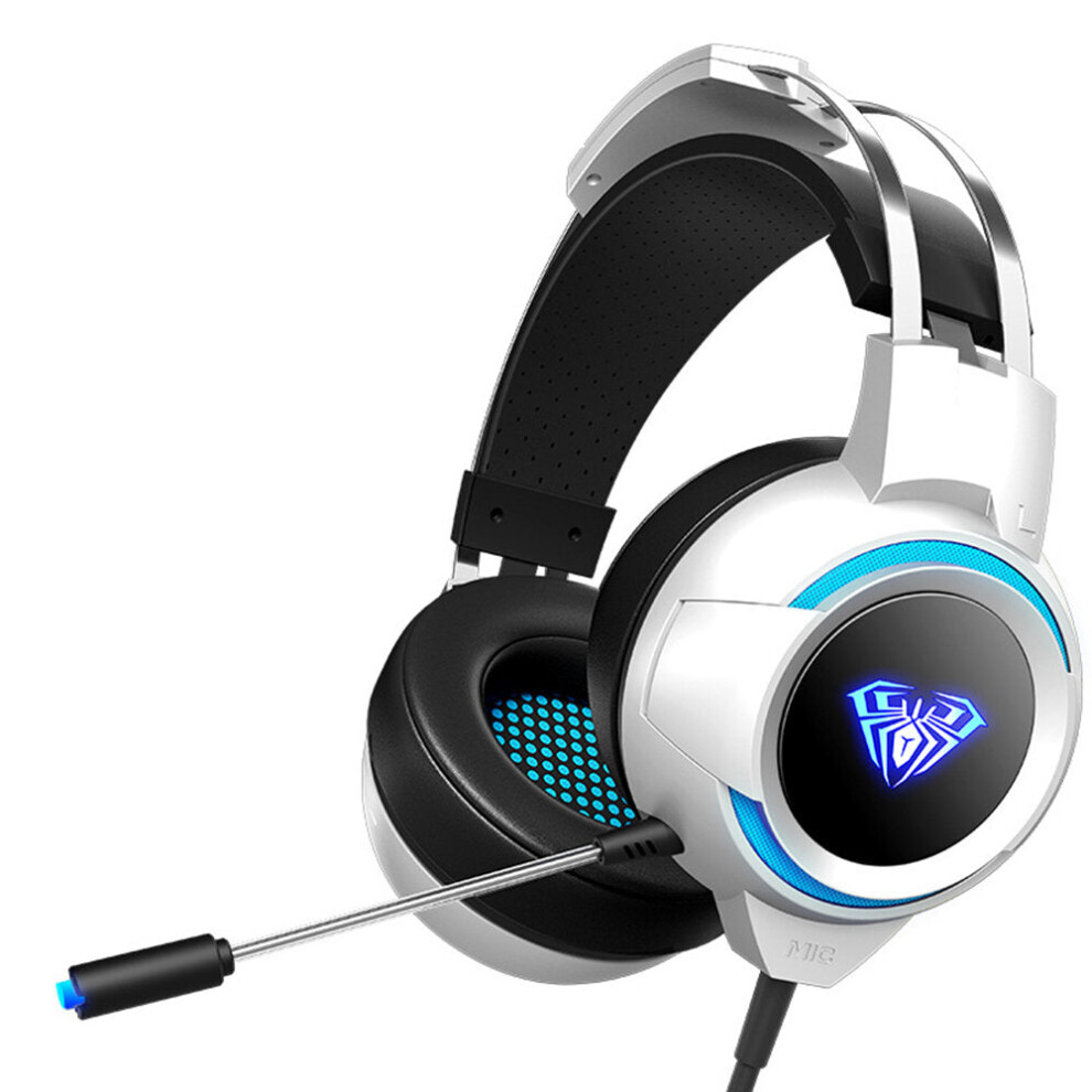 (White) Gaming Headset 7.1 Channel 4D Surround Sound Stereo 50mm Unit Hi-Fi Headphone LED Light 360 Omnidirectional Noise Reduction Microphone