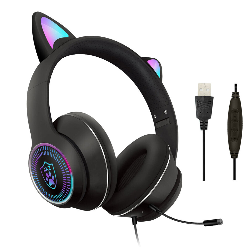 (Black) Cat Ear Wired Headset USB 7.1 Channel Stereo Sound Head-mounted Luminous RGB Gaming Headphone With Sound Card Noise-canceling Microphone For P