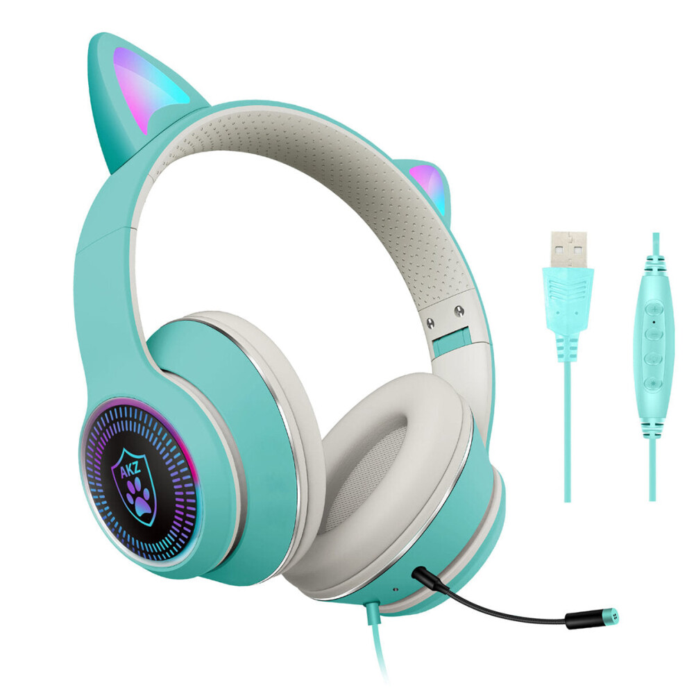 (Blue) Cat Ear Wired Headset USB 7.1 Channel Stereo Sound Head-mounted Luminous RGB Gaming Headphone With Sound Card Noise-canceling Microphone For PC