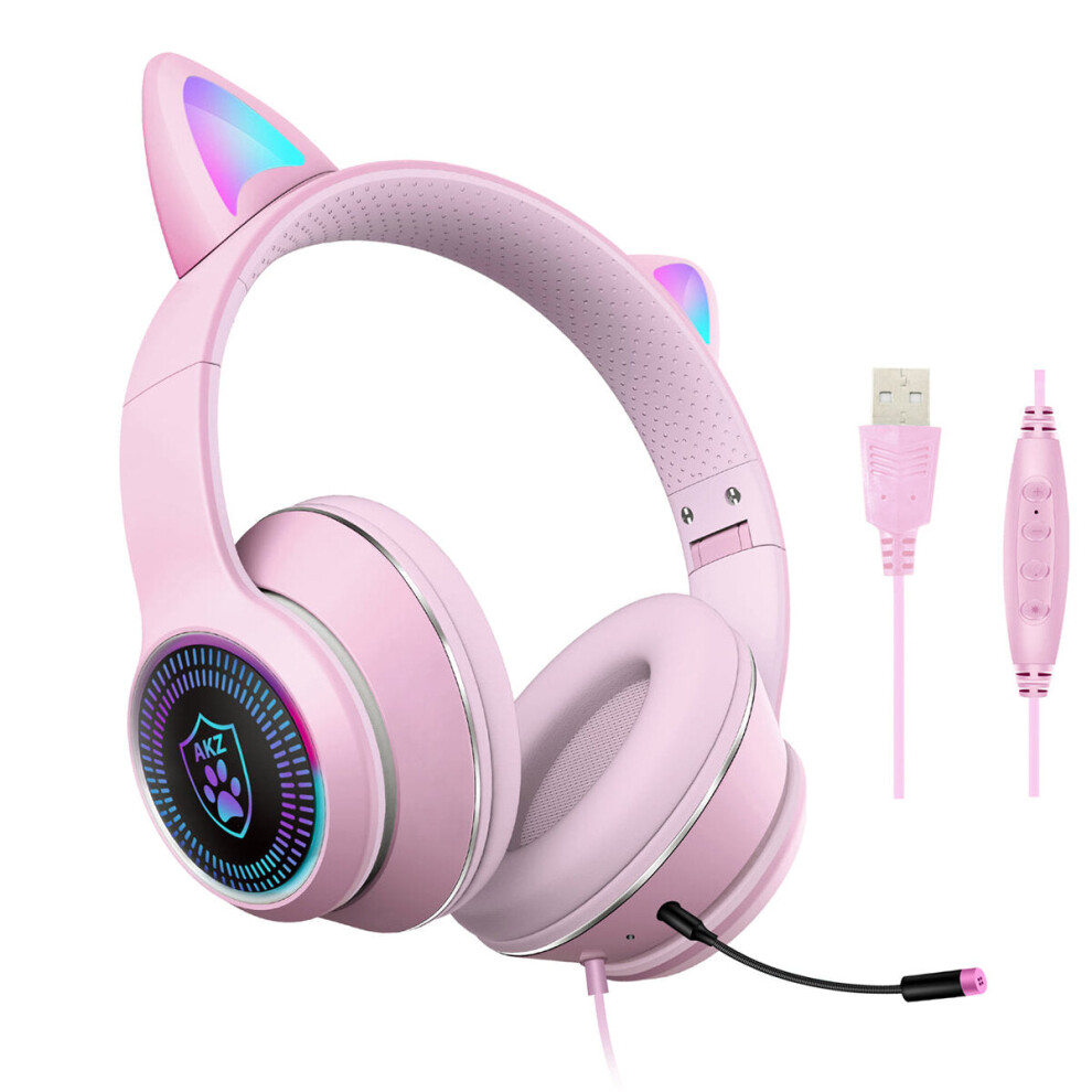 (Pink) Cat Ear Wired Headset USB 7.1 Channel Stereo Sound Head-mounted Luminous RGB Gaming Headphone With Sound Card Noise-canceling Microphone For PC