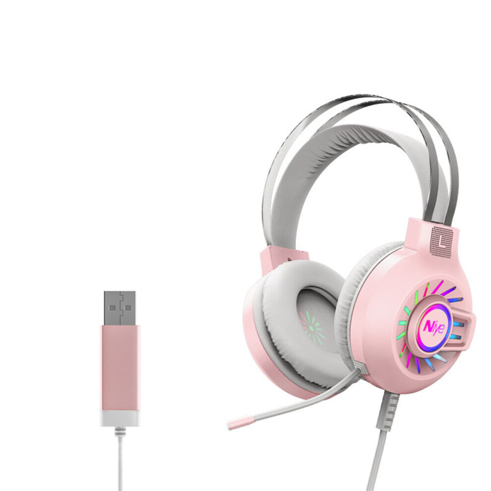 (Pink) Virtual Stereo Surround Sound Gaming Headset 3-in-1 USB Plug Noise Reduction 360 Adjustable Microphone Large 50mm Speaker