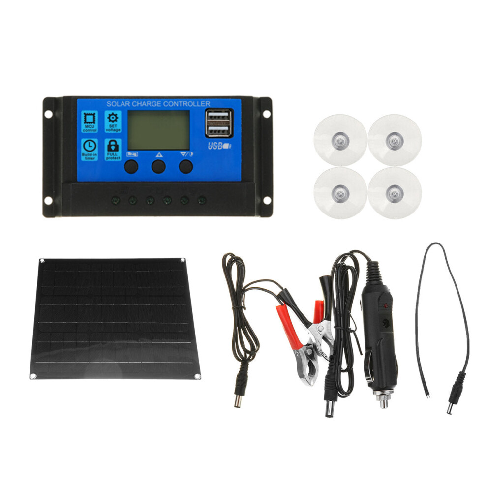 (60A) 30-90A Solar Panel Kit Dual USB Port Battery Charger LCD Controller With 4Pcs Suckers