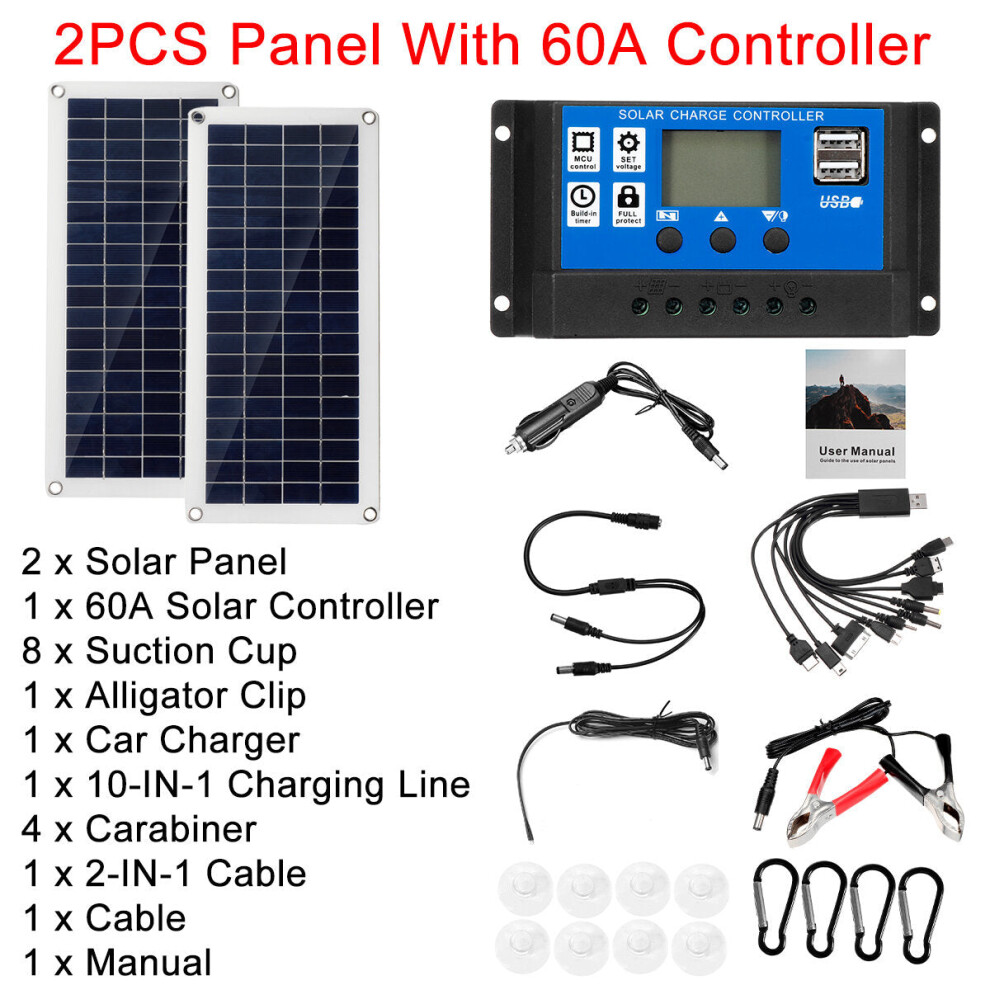 (2PCS Panel +60A Controller) 40W 12V Solar Panel Kit 60A/100A Battery Charger Controller Camping RV Caravan Boat