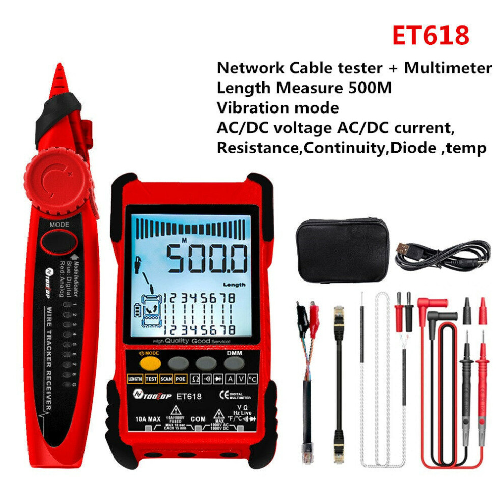 (ET618) Large LCD Screen Network Cable Tester + Multimeter 2 in 1 AC DC Current Voltage Measurement Anti-noise Line Tracker