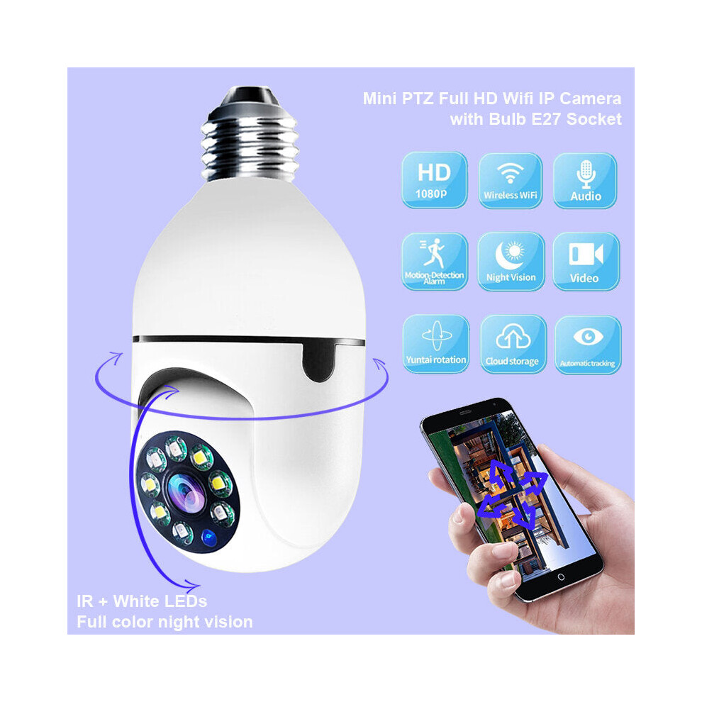 (Dual light) 2MP Mini PTZ Full HD Wifi IP Camera with E27 Bulb Socket Night Vision Cloud Storage Speed Dome Security Serveillence for Smart Home Monitoring