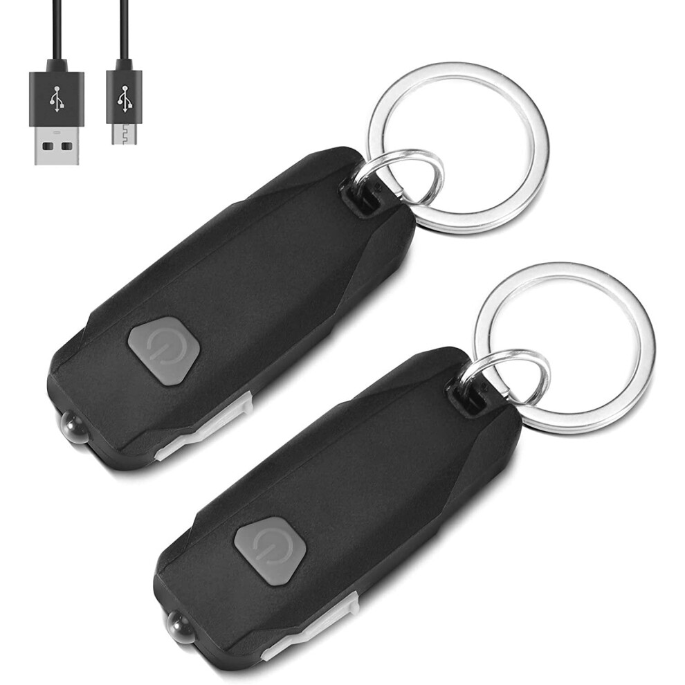 (Black) 2 Pack Mini Led Lights, Portable USB Rechargeable Ultra Bright Keychain Flashlight with 2 Level Brightness Key Ring Torch
