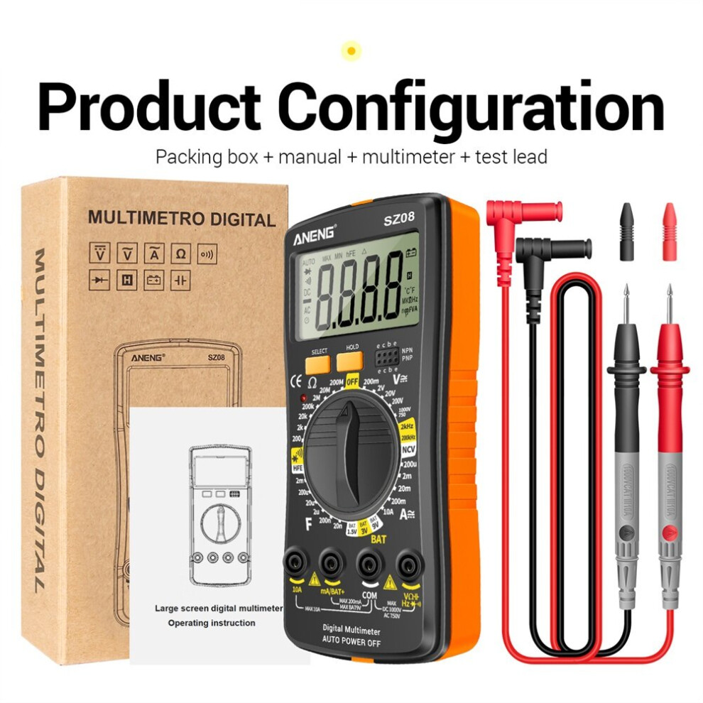 (Orange) Ultra-thin Split LCD Digital Multimeter Tester with Stowable Test Pen Auto Voltmeter Resistance Tester Tool