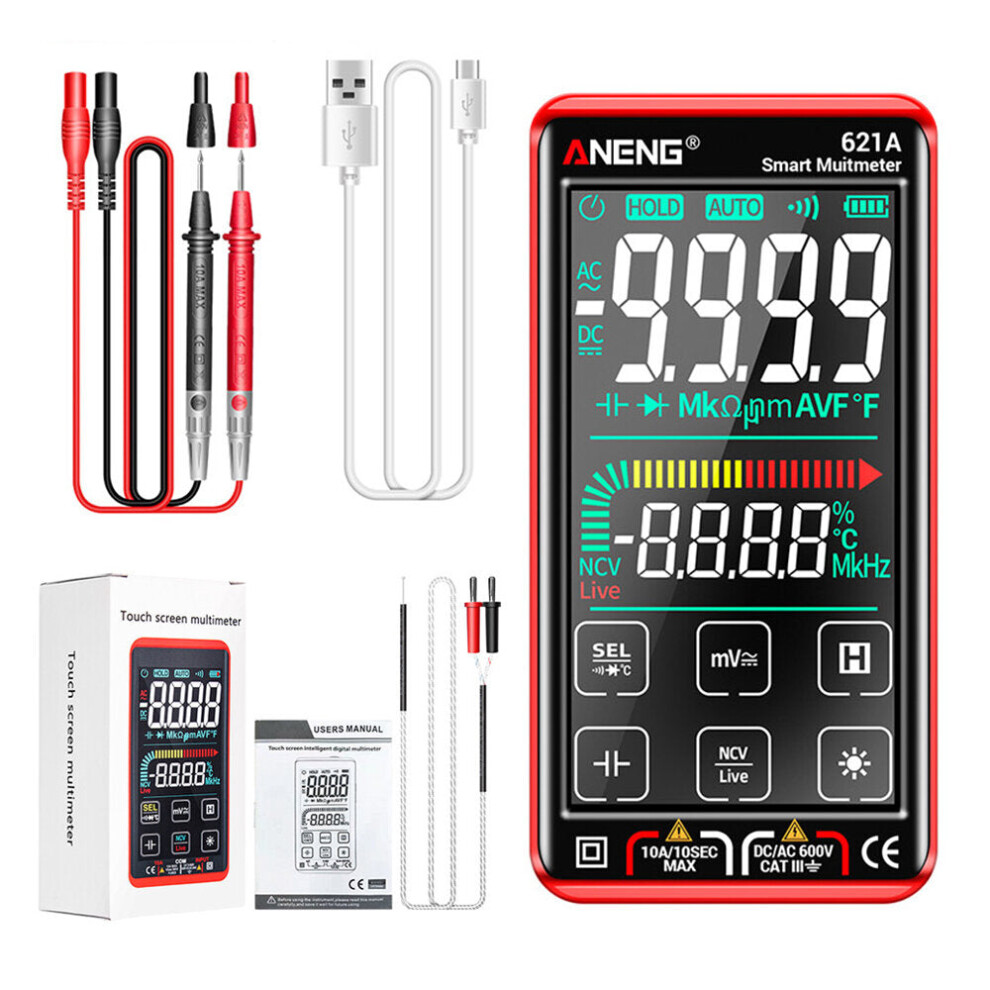 (Red) 9999 Counts Auto Range Full-screen Touch Smart Digital Multimeter Rechargeable DC/AC Voltage Current Tester Meter