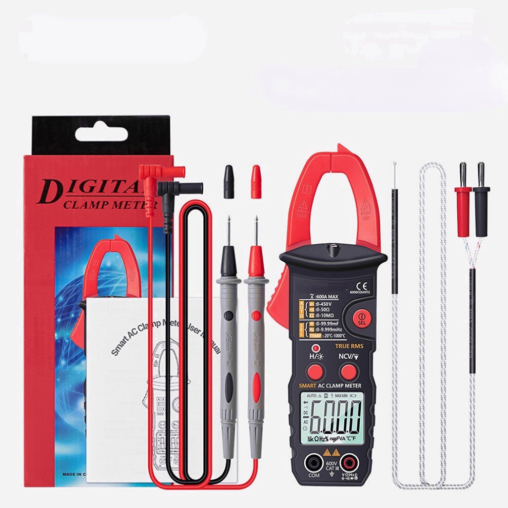 (Red) Digital Clamp Multimeter 6000 Counts Professional True RMS AC/DC Voltage Current Tester
