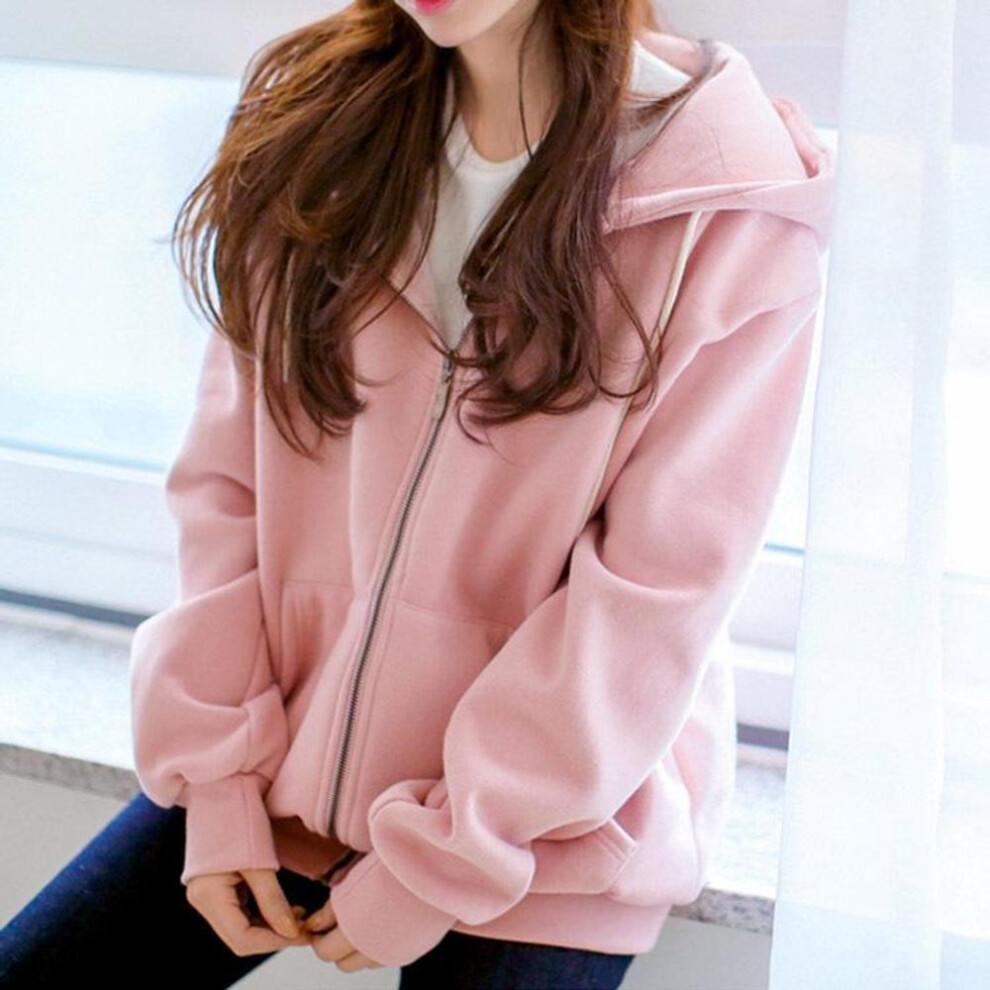 (XXL, pink) Velvety Hoodie Solid-color Hoodie Women&apos;s Zip-up Casual Blazer  Loose-fitting